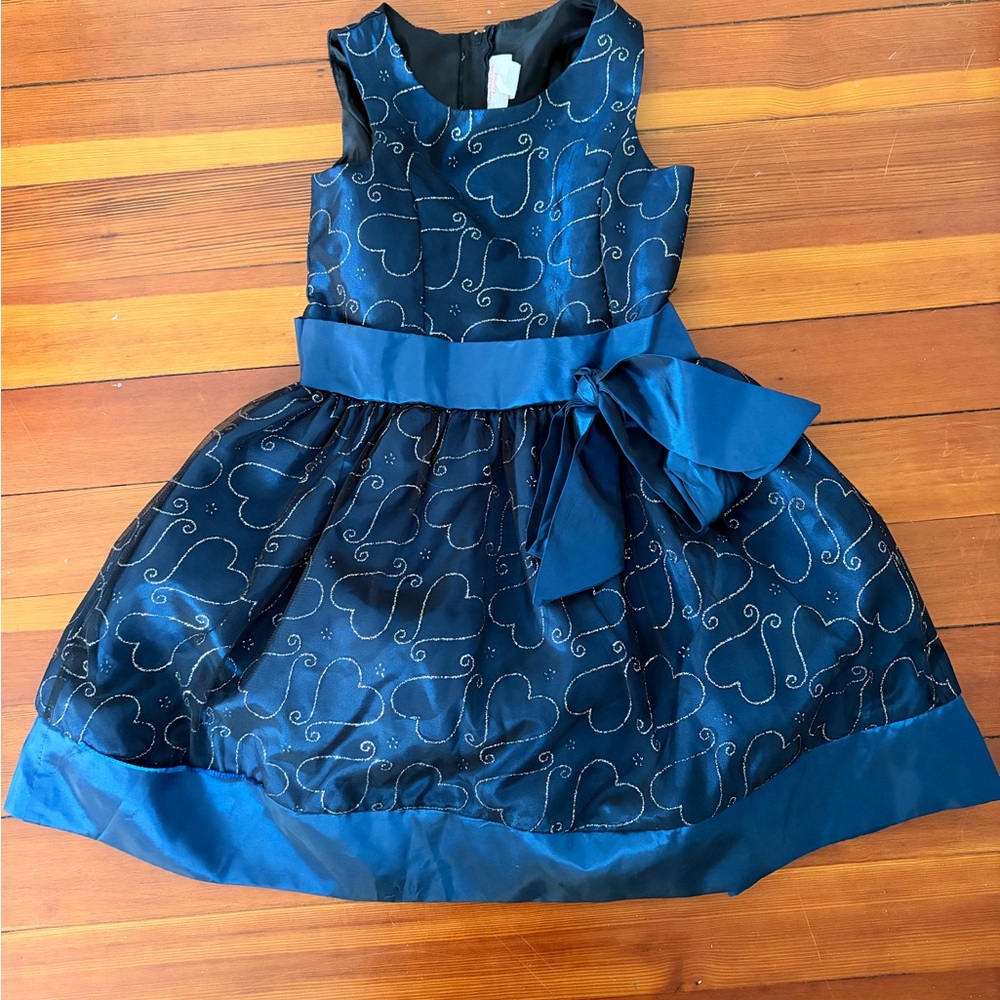 Girls Blue Heart-Print Party Dress with Bow